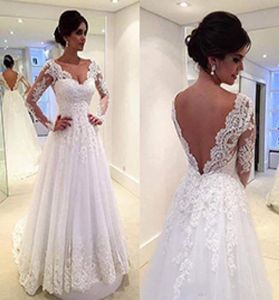 2019 Cheap Vestidos De Novia V Neck Lace Sheer Plus Size Backless A Line Tulle Wedding Dresses Full Long Sleeves Winter Bridal Gow4887015