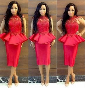 South African Red Lace Applique Prom Dress With Peplum High Neck Sheer Long Sleeve Evening Gowns Plus Size Women Sheath Formal Wea9077874