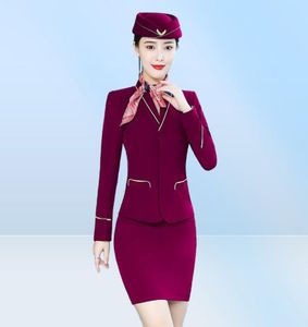 Abito da due pezzi Spring Autumn Purple Blazer Set con abiti di ghiaccio della gonna per donne Outfit da lavoro uniforme di hostess Airline Elegant 26324083