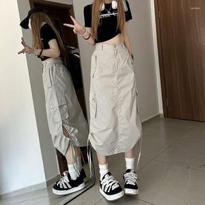 Skirts Lucyever Y2K Drawstring Parachute Women High Street Side Split Cargo Long Skirt Female Casual Multiple Pockets Maxi