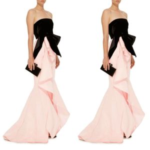 Vintage Long Pink&Black Crepe Strapless Evening Dresses with Ruffles Mermaid Velvet Sleeveless Zipper Back Robe De Soiree Sweep Train Formal Party Gowns for Women