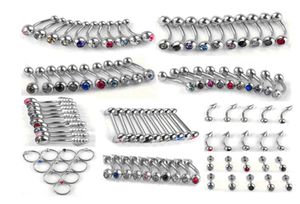 100st Set Punk Stainless Steel Crystal Tongue Belly Lip Eyebrow Nose Barbell Rings Body Piercing Smycken 10 Styles Accessories7999413