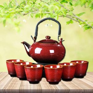 Tee-Sets 7-teiliger Keramiktee 700 ml Ofenkiln-Farb-Teekanne mit Griff 150 ml Tasse Gesundheit Keramik Topf Kombination