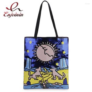 Drawstring Black & Blue Cartoon Character Sequins Women Leather Purses And Handbags Shopping Bag Casual Tote Daily Shoulder