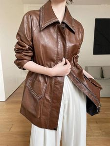 Couro de couro feminino Real Sheepskin Casat Outono Inverno 2024 Trendência Trendência Slim Slim Ajustável Caist