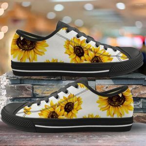 Sapatos casuais lindos tênis de girassol amarelo de flor amarelo para mulher, lútil tampa de lona branca, damas mais tamanhos 44