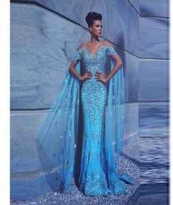 Splendidi abiti da ballo blu sexy con maniche corte maggiori Appliques con perline sirene abiti da sera araba abito di occasione speciale Even9712256