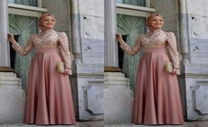 Soiree Hidżab sukienki wysoko szyi długie rękawowe Vestidos 2016 Line Robe de Soiree Gold Applique Satin Elegancka Aso Ebi Long Evening Dr5119619