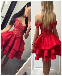 Modest Red Lace Short Homecoming Dresses 2018 Off Shoulder Mini Graduation Dress Tiered Skirt Cocktail Party Gowns7208664