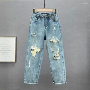 Moda de jeans feminina rasgada para mulheres 2024 Primavera verão Cantura alta calça de jeans solta de rua de rua Jean Mujer