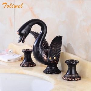 Bathroom Sink Faucets ORB Black 3PCS Deck-mounted Widespread Swan Faucet Mixer Tap Lavatory Brass Golden Basin Cold Water