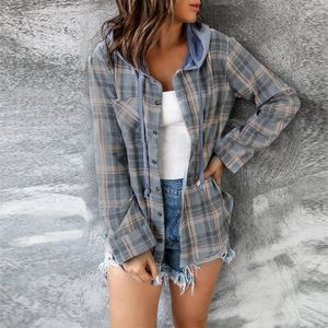 Women Check Fashion Casual Loose Shirt Kurtka jesienna długi rękaw z kapturem bluzki z kapturem plus ubrania 20232024 240412