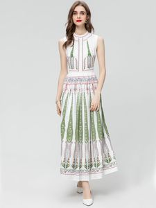 Primavera no verão vestido comprido mulheres o-pescoço sem mangas de cristal com moda de impressão de impressão de flores de férias de férias vestidos