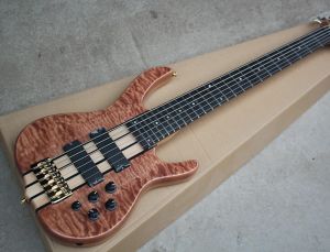 Pegs Brown 6 Strings Electric Bass Guitar with Gold Hardware,active Pickups, Provide Customized Service