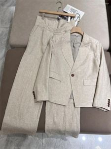 Kvinnors tvåbitar byxor Casual Linen Suit Set High Maist Rakt