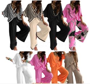 Spring Geometric print Tracksuits sexy loose Suits Casual 2 Piece Set Women V neck bat sleeve T-shirt + Wide-Leg Pants Sets Trousers Two Outfits