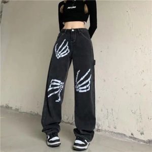 Pants Punk style Harajuku skull white bone fashion jeans women loose straightleg pants retro street women's pants denim joggers women