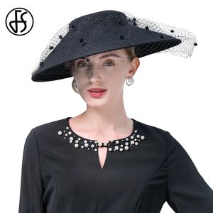 FS Elegant Church Kentucky Cap Ladies Luxury Wide Brim Black Wool Hats Fascinators for Women Cocktail Party Dress Fedoras 240412
