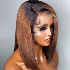 Dark Roots Brown Colored Brazilian Virgin Lace Front Closure Raw Short Bob Wigs Human Hair Lace Front Wig