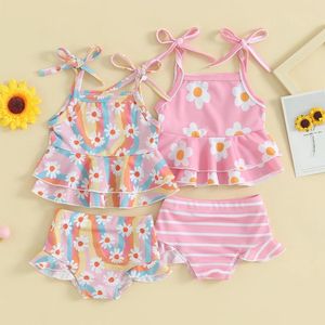 Kadın mayo bebek kız bebek iki parçalı yüzme takım elbise sevimli çiçek baskısı kravat slip yelek üst ve fırfır şortlu toddlers plaj kıyafetleri