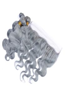 Teca de cabelo grisalho peruano 3 feixes com 13x4 Extensões de cabelos virgens cinza prateado de 13x4 com encerramento com corpo cinza puro W8169952