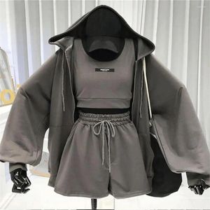 Damen Tracksuits Women Hoodie Taschenentwurf 4 Farben Drei Teile Mantel Kordelschlüssels Weste Set Polyester dünn für weiblich