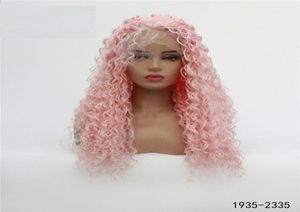 Pembe renkli Kinky Kıvırcık Sentetik Saç Tahlil Front HD Şeffaf Dantel Frontal Perruques de Cheveux Humains perukları 19352355197013