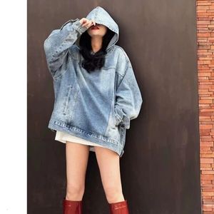 Spring Autumn Women Jacket Vintage Denim Hoodie Sorto de Manga Longa Harajuku Y2K Pullover Denim Streetwear