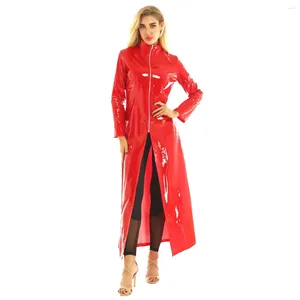 Frauen Trench Coats High Neck PU Leder Wind Breaker Frauen PVC Wetlook Mantel Langarmjacke Ladies Clubwear Reißverschluss Kostüm Stange Tanz