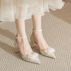 Dress Shoes Summer Luxury Women Pearl High Heels Champagne Chunky Heel Hollow Princess Sandals Party Wedding Plus Size