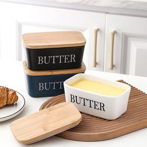 Plates Nordic Brief Rectangular Butter Box Sealing Wood Lid Dish Ceramic Keeper Tool Cheese Storage Tray Plate Container Kitchen