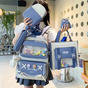 Rucksack 5pc/Set Multi -Pocket -Schüler Kinder Teenager School für Mädchen Leinwand Frauen Schulterbuchbeutel Laptop Rucksack