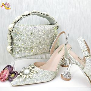 Klänningskor 2024 Nigeriansk märke Silver Silver Women's Fashion Elegant Point Toe Heels and Bag Set Sandals Designer