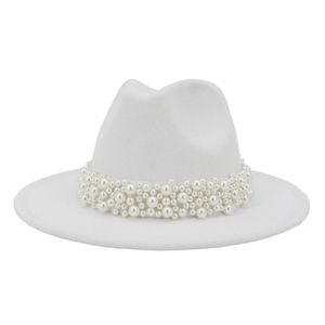 2020 Kobiety szeroko imitacja wełna Fedora Hats Hats Fashion Party Kobietowa sukienka Hat Pearl Ribbon Decor White Hat1932385