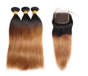 IShow 10a Ombre Color Raw Hair Weaves Extensions 3 Bunds med stängning 1B30 T1B99J Body Wave Human Hair Straight T1BBug Purple6930090