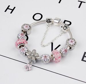 925 Sterling Silver Pink Murano Glass Pärlor Charm Cherry Blossom Armband Kedja Fit P Europeiska armbandsmycken som gör Bangle Diy Daisy Pendant Women3034118