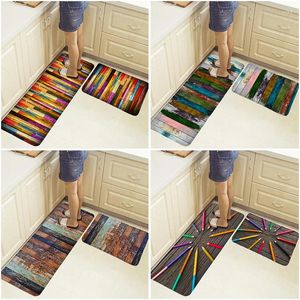 Bath Mats Wood Grain Strip Flannel Printed Carpet Kitchen Floor Toilet Door Household 2 Piece Set