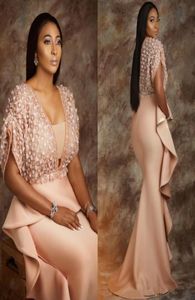 Sexy AsoEbi Plus Size Blush Lace Stain Mermaid Evening Dresses With Wrap Shiny Detail Ruffles Over Skirt Prom Occasion Gown2891131