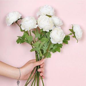 Decorative Flowers Peony Artificial Silk Branch Pink Rose Home Wedding Table Arrangement Fake Flower Bouquet Bride Green Leaves Decoration