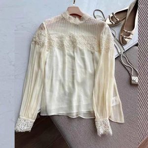 Blusas femininas de damasco de damasco de meios de gola alta camisa de pulôver elegante alfinetes florais fivela de fivela longa blusa de manga longa mola de topo macia