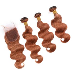 Peruvian Body Wave Auburn Color Human Hair 3Bundles with Closure 30 Medium Auburn Virgin Hair Lace Closure 4x4quot with Weave B8232869