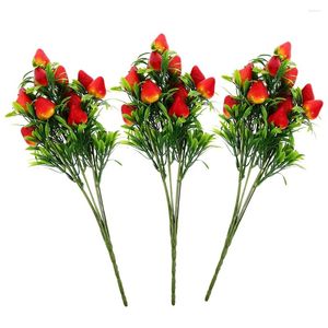 Party Decoration 3pcs Imitated Strawberry Stem Faux Plant Ornament Bouquet Branch Arrangement
