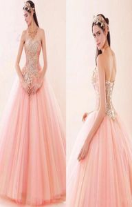Schöne rosa Ballkleid Quinceanera Kleider Schatz Applikationen Perlen Ruched Tulle Debutante Masquerade süß 16 Prom Kleid5938208