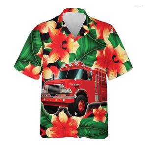 Men's Casual Shirts Fashion Firefighter Graphic Short Sleeve For Men Clothes Hero Profession Streetwear Blouses Fire Truck Lapel Blouse Tops