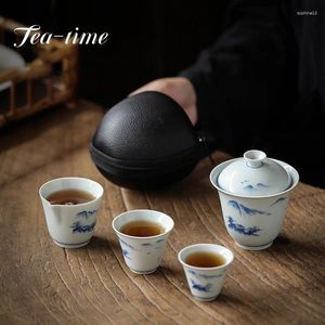 TeAware Setleri Antik Bitki Kül Tea Seyahat Seti Teaset Mavi ve Beyaz Seramik Taşınabilir Porselen Gaiwan Kupası Töreni