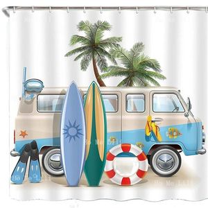 Cortinas de chuveiro cortina de tecido de surf para decoração de banheiro praia tem temas de banheira de banheira tropical palmeiras tropicais carros de acampamento