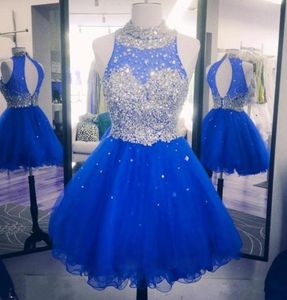 2017 Sparkly Crystal Royal Blue Homecoming Dreess Sweet 16 Crew Neck Neck Hollow Back Beaded Fuffy Tulle Red Graduation Dresses PA2613862
