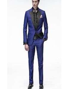Blue Business Men Suits For Groom Wear Two Piece Black Peaked Lapel Custom Made Classic Fit Wedding Tuxedos Jacket Pants3193008