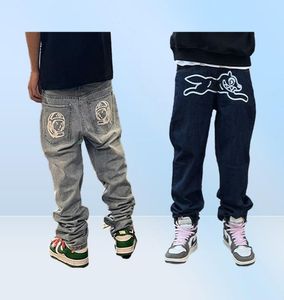 Retro Fly Dog Print Logo Jeans reta Homens High Street High Diziz Calça jeans casual Harajuku Hip Hop Wash Troushers 229075523