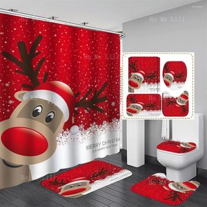 Shower Curtains Christmas Curtain Bathroom Set Non-Slip Carpet Cover Toilet Bath Mat Fun Santa Elk Snowman Clock Car